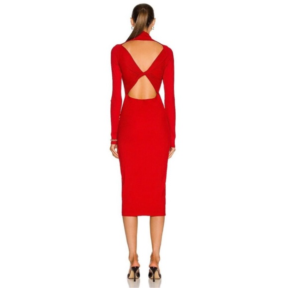 Enza Costa Viscose Rib Twist Back, Long Sleeve Red Midi Cocktail Dress, Sz S - Picture 3 of 14